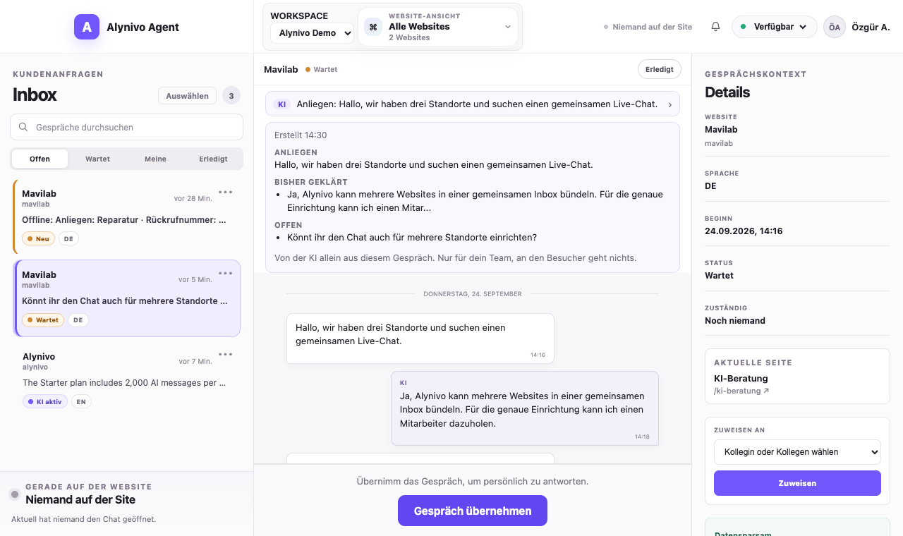 KI-Übergabehilfe in der Agent Inbox mit Anliegen, geklärten Punkten und offenen Fragen