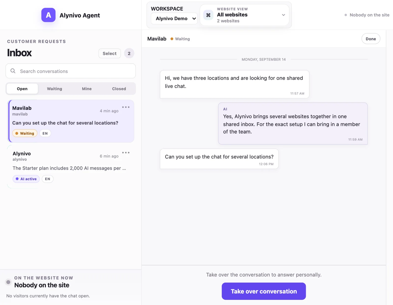 Alynivo Agent Inbox with a waiting conversation and the “Take over conversation” button