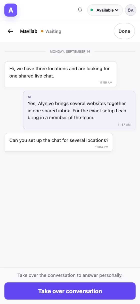 Conversation in the Agent Inbox on iPhone with the “Take over conversation” button