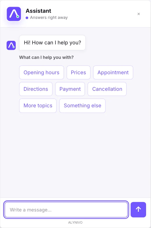 Open Alynivo chat window with greeting and topic choices