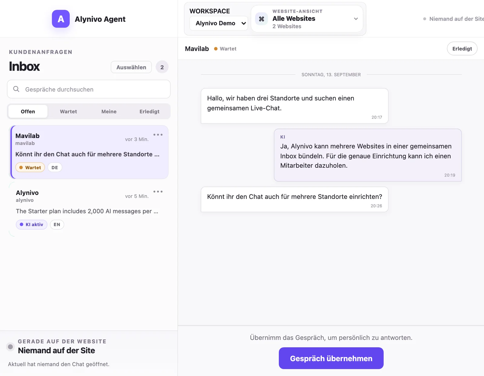 Agent Inbox von Alynivo mit einem wartenden Gespräch und dem Knopf „Gespräch übernehmen“