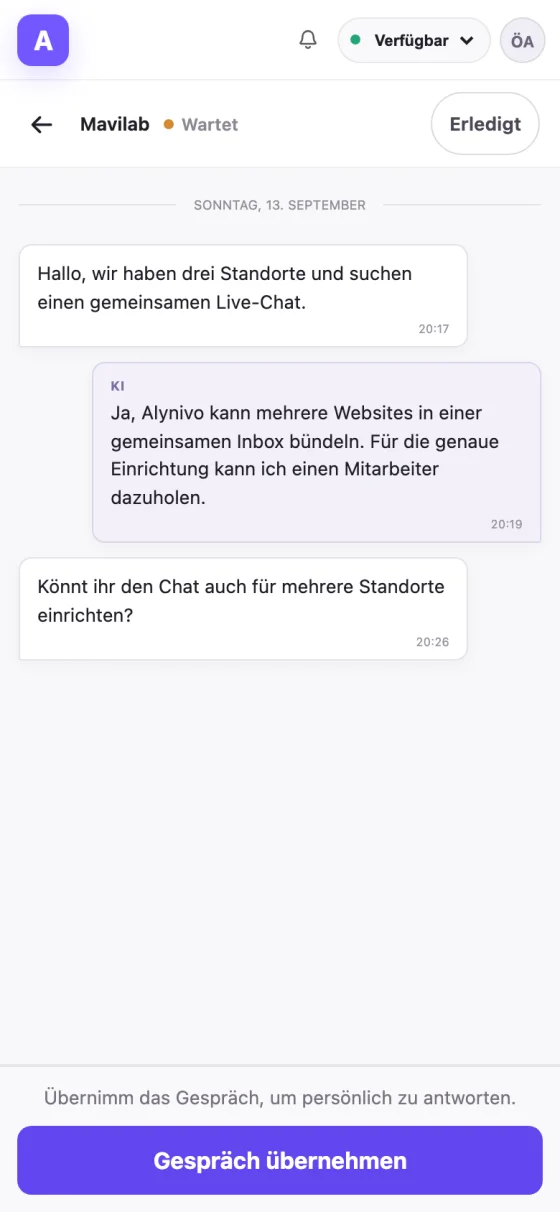 Gespräch in der Agent Inbox auf dem iPhone mit dem Knopf „Gespräch übernehmen“