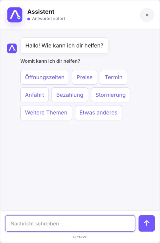 Geöffnetes Alynivo-Chatfenster mit Begrüßung und Themenauswahl